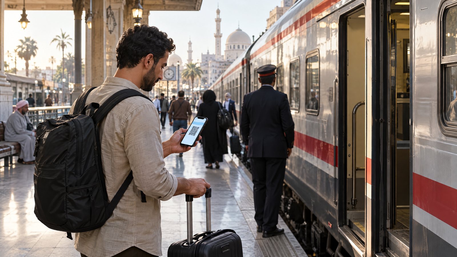 تذكرة قطار إلكترونية على هاتف مسافر قبل التوجه للمحطة