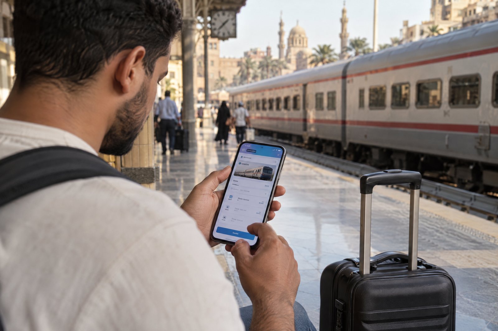 مسافر يختار رحلة قطار عبر الهاتف بجوار حقيبة صغيرة