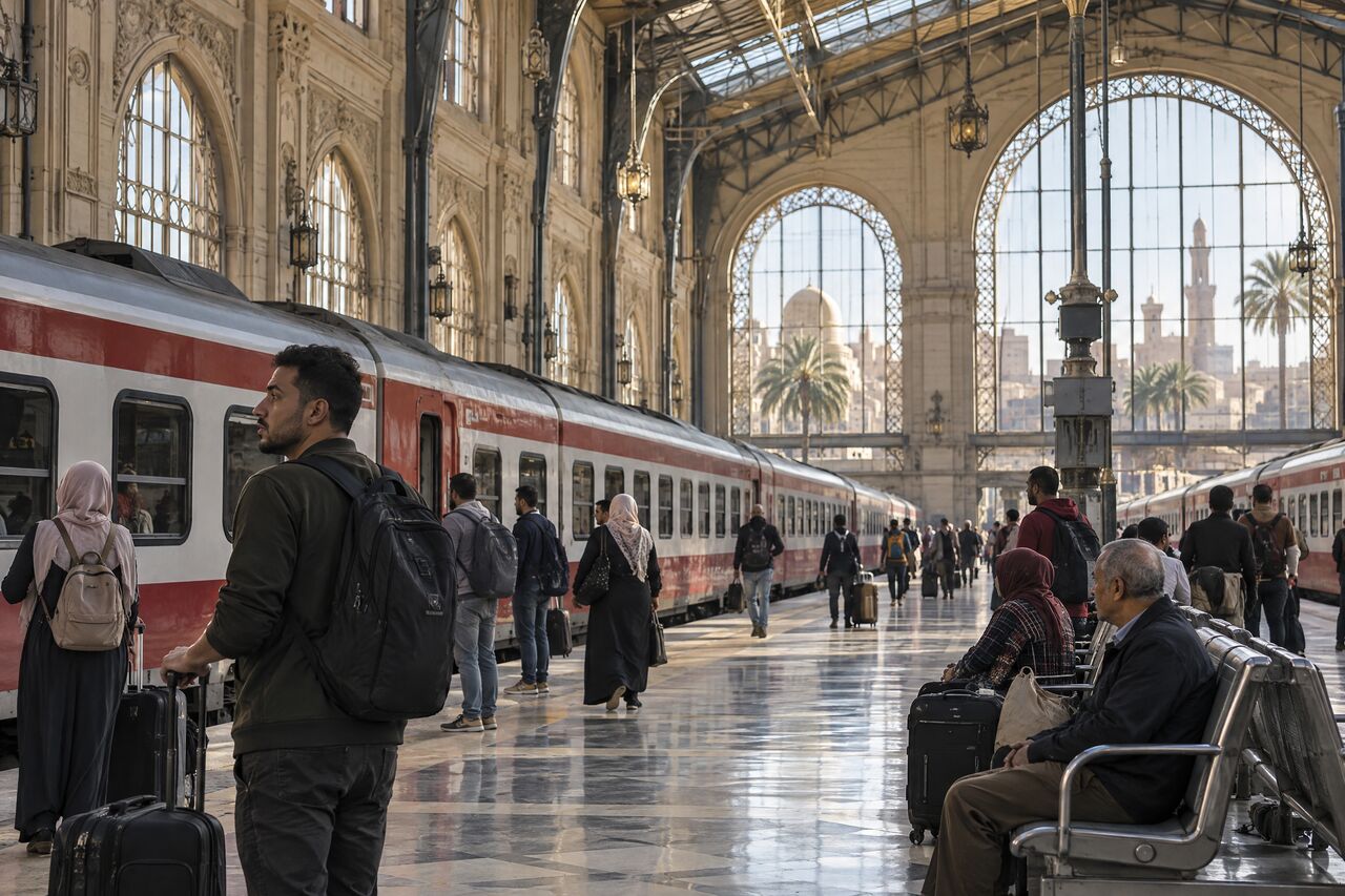 محطة قطار مصر في القاهرة من الداخل مع قطار ركاب ومسافرين