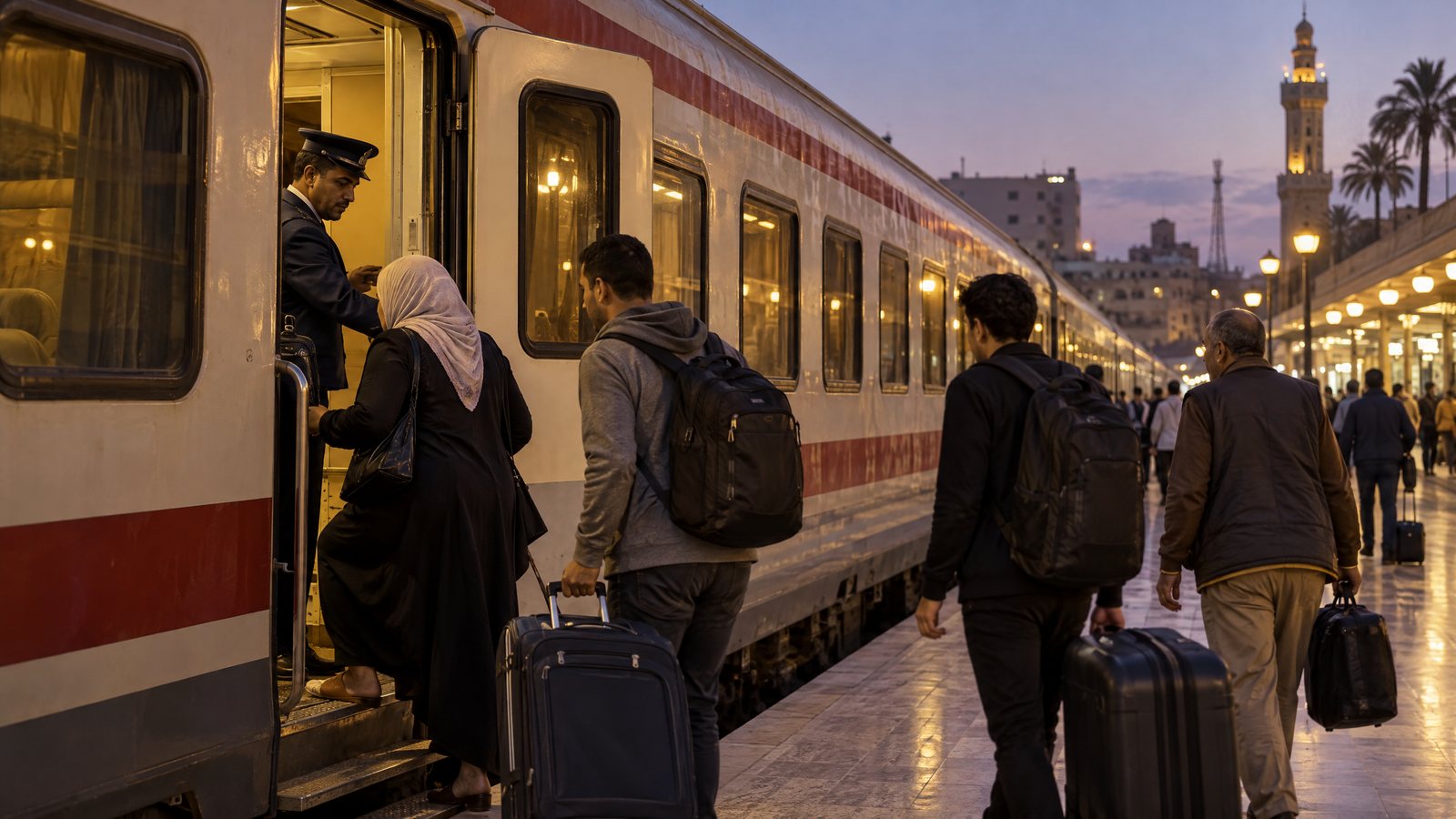 مسافرون يصعدون إلى قطار نوم في محطة مصرية مساءً