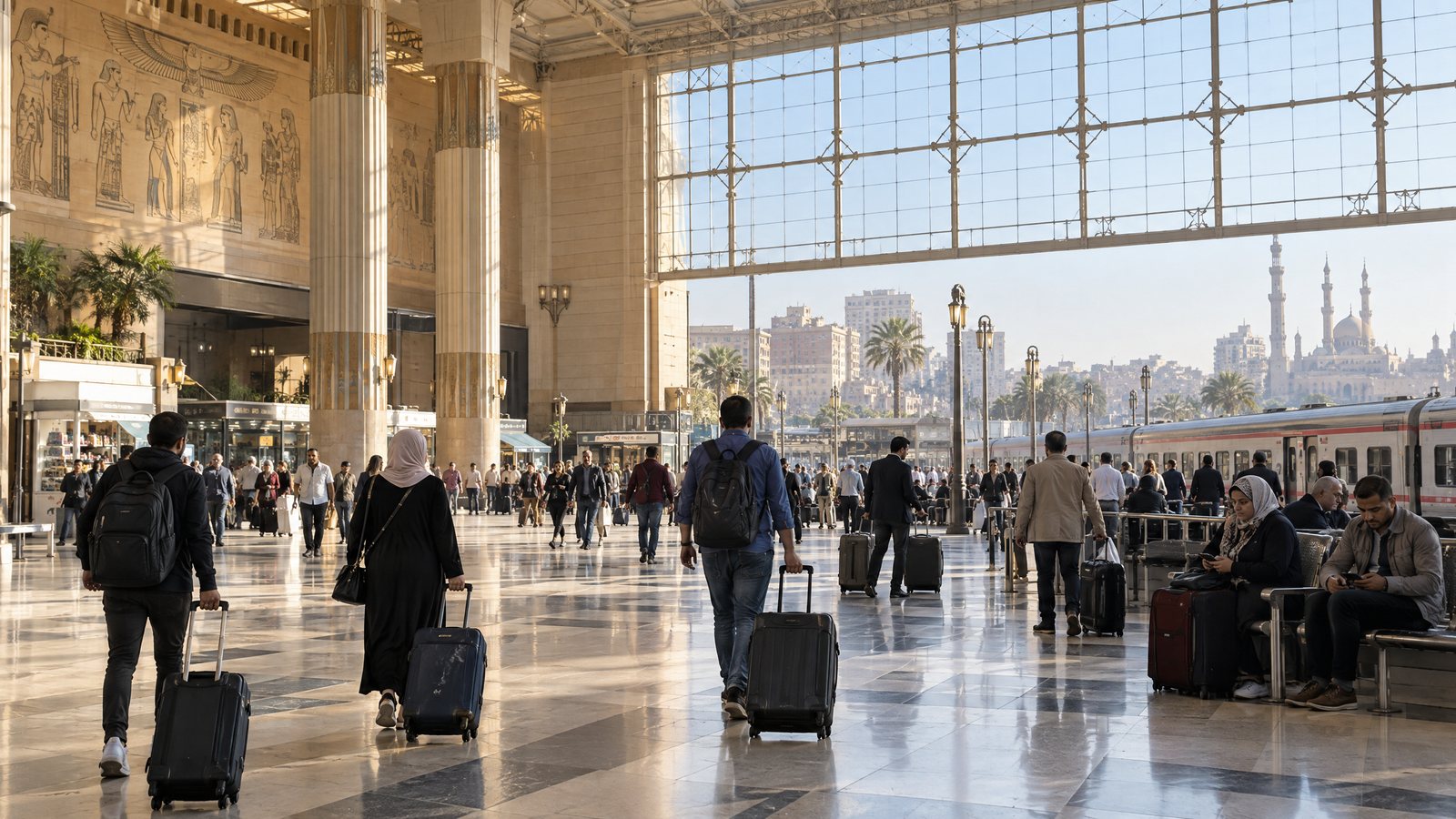 مسافرون وحقائب داخل محطة قطارات كبيرة في القاهرة